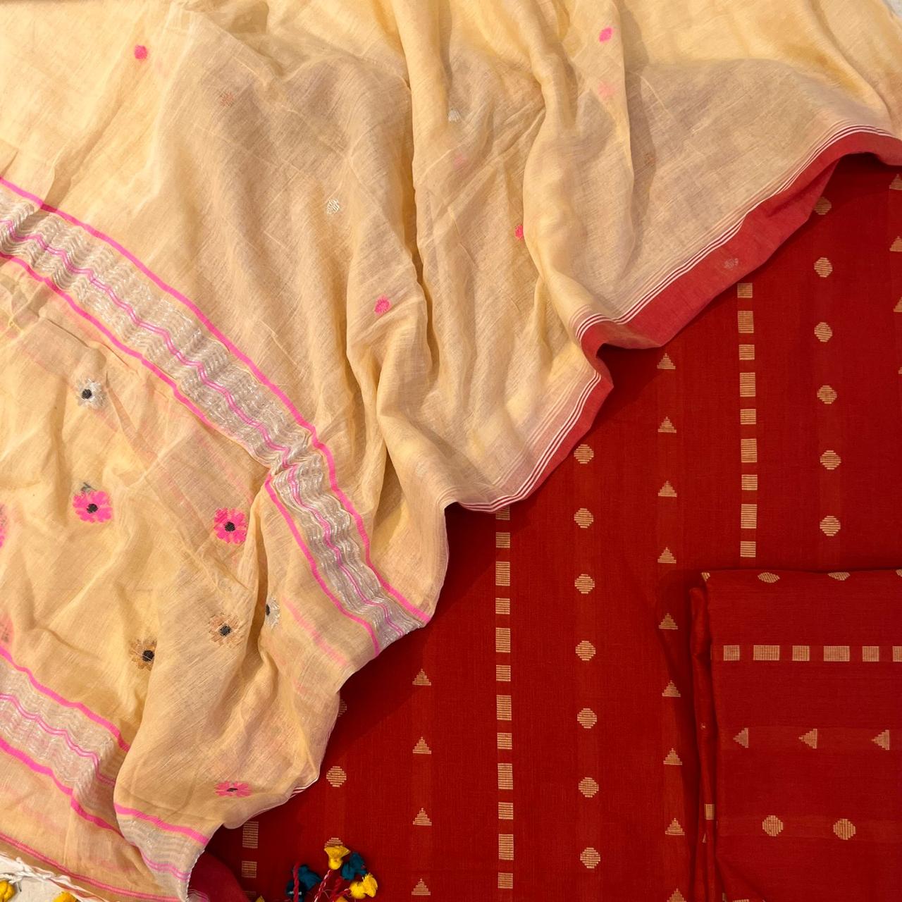 HANDLOOM COTTON KURTA WITH LINEN JAMDANI DUPATTA