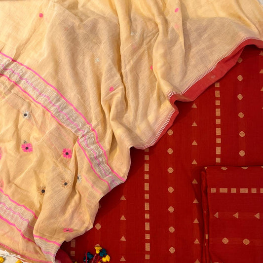 HANDLOOM COTTON KURTA WITH LINEN JAMDANI DUPATTA