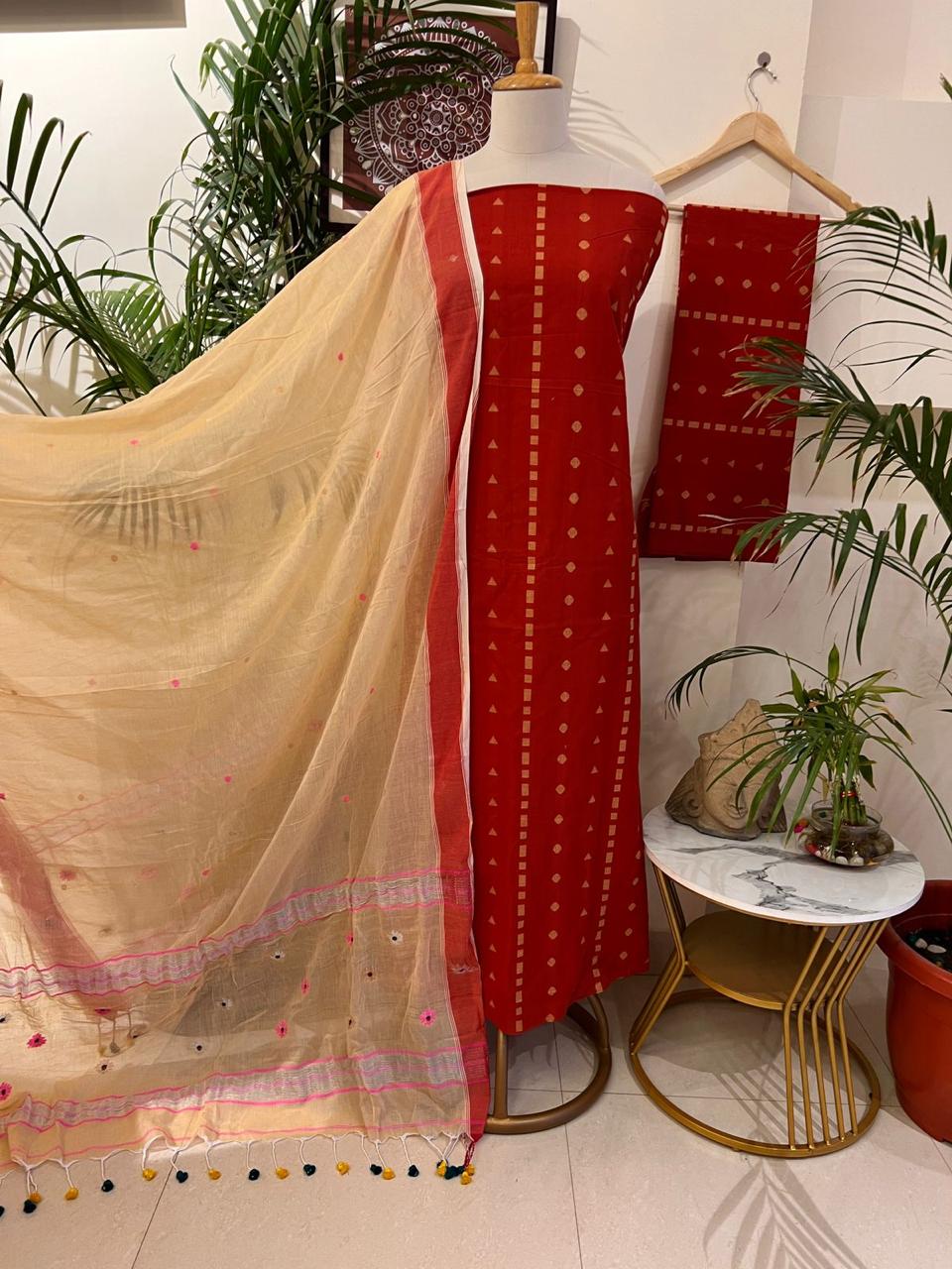 HANDLOOM COTTON KURTA WITH LINEN JAMDANI DUPATTA