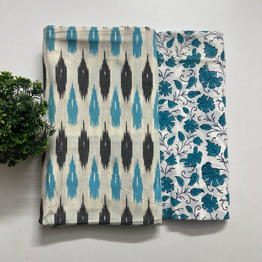 Soft Handloom Ikat Cotton With Pure Cotton Hand Block Print Combo Set (PH8555)
