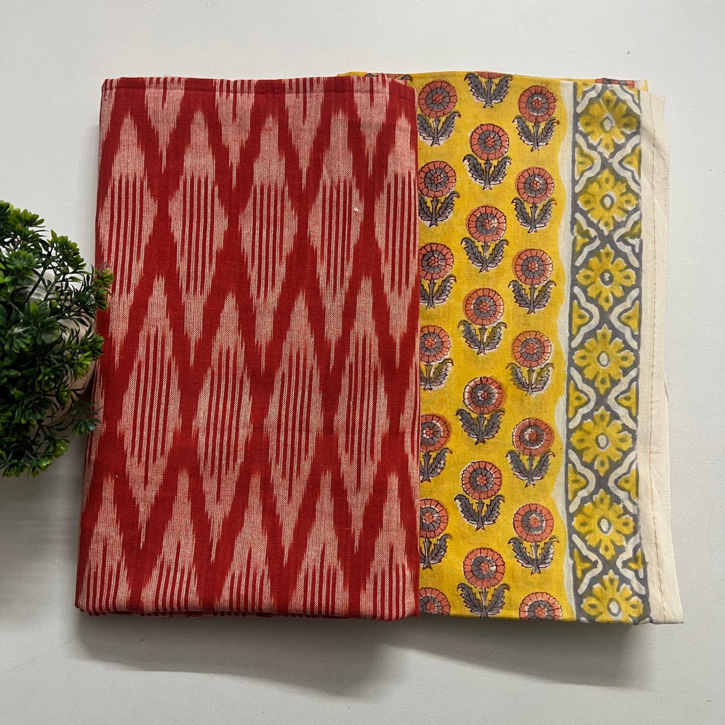 Soft Handloom Ikat Cotton With Pure Cotton Hand Block Print Combo Set (PH8557)