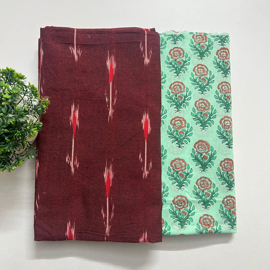 Soft Handloom Ikat Cotton With Pure Cotton Hand Block Print Combo Set (PH8558)