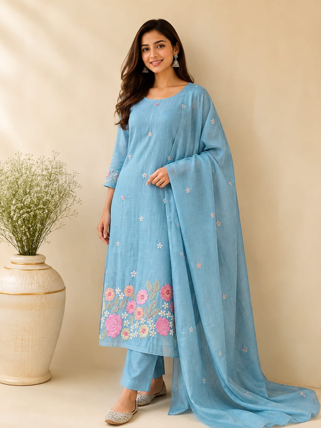 Prakriti Atelier | Pure Fine Mul Chanderi Embroidered Premium Designer Suit Set (PH8994)